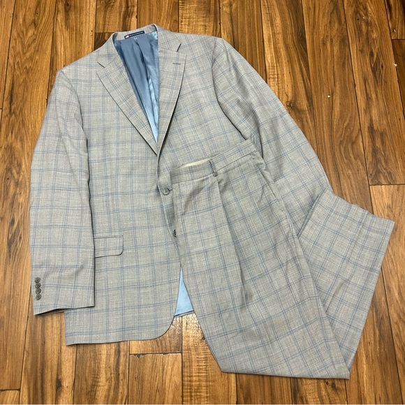2 Pc Hart Schaffner Marx Suit Chicago Fit Blue Plaid Wool Blend 48L Long 42x30 - Picture 1 of 16